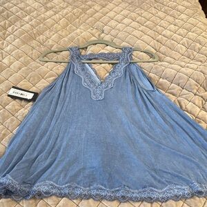 Blue Lace Trim Sleeveless Top NWT Pol
